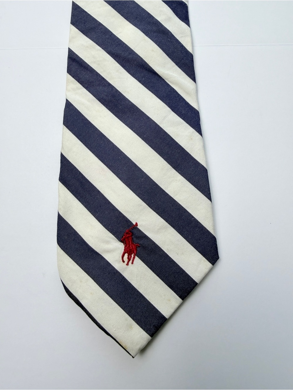 Polo Ralph Lauren Blue White Striped Necktie Red Pony Logo Men’s Cotton Tie